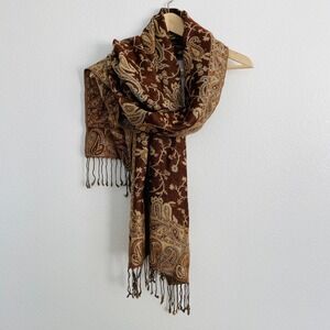 Pashmina Silk Cashmere Blend Scarf Brown Gold Paisley Floral Fringe Shawl Wrap